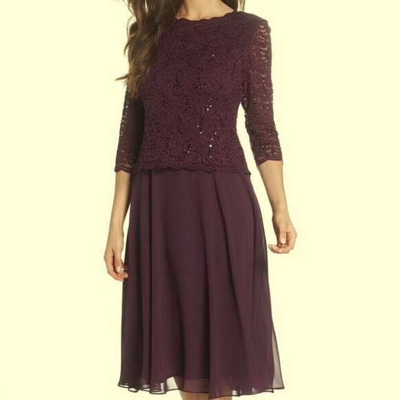 Alex Evenings Plum Sparkle Mock Two-Piece Cocktail Dress - Picture 1 of 2